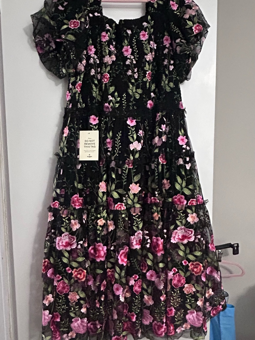 JessaKae Black Mesh Dress with Pink Floral Embroidery